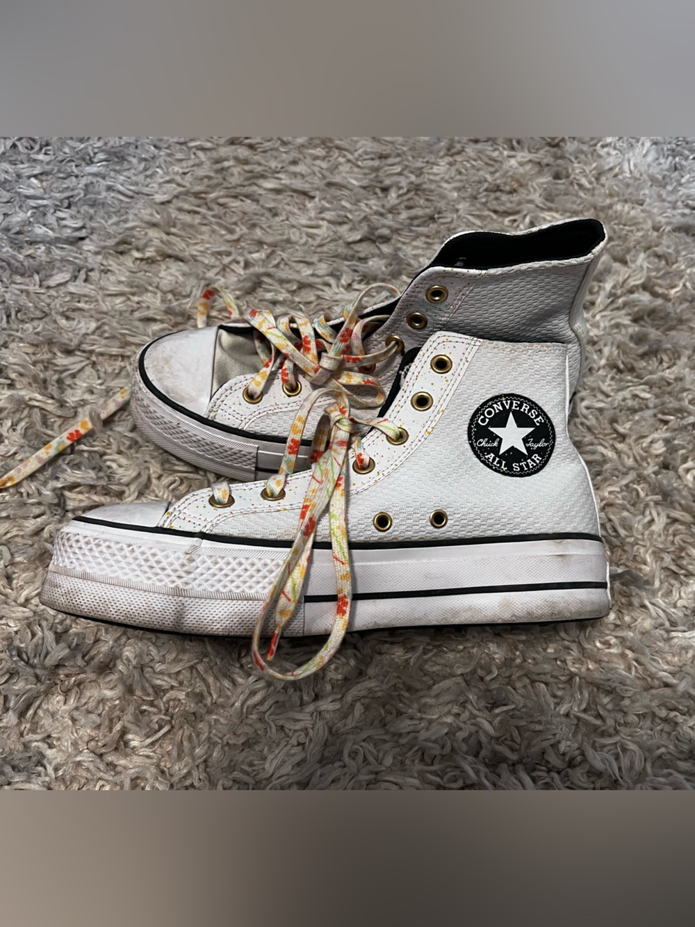 Converse White High Top Sneakers with Floral Laces